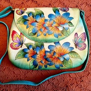 Handpainted floral leather crossbody bag
